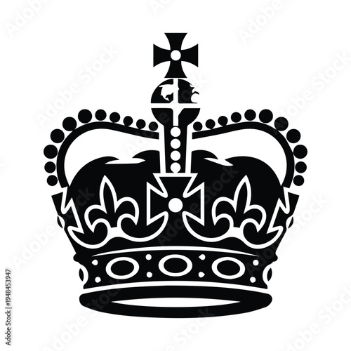 A detailed black and white illustration of the british crown jewels