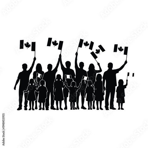 A crowd of people waving canadian flags in a celebratory silhouette