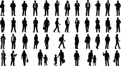 Large collection of black human silhouettes featuring business professionals parents with children and students in diverse poses on white background