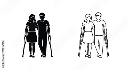 Couples using crutches depicted in contrasting black and white styles