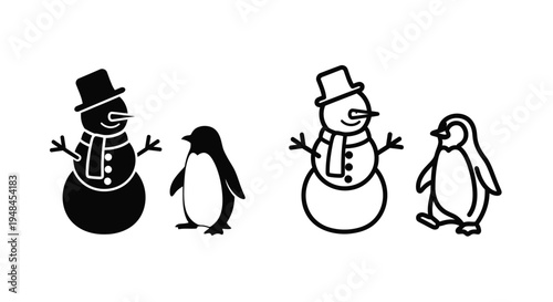Simple black and white illustration of snowmen and penguins