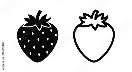 Two strawberry illustrations one filled one outlined in black and white