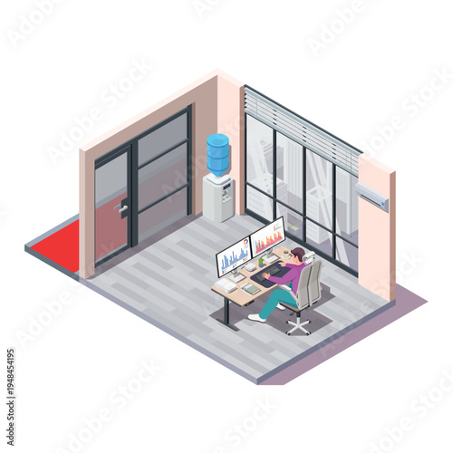 Isometric Workspace with Dual Monitor Setup for Data Analysis