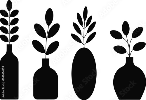 Minimal plant in vase silhouette set, decorative botanical leaves in bottles and vases, modern home decor vector collection isolated on light background