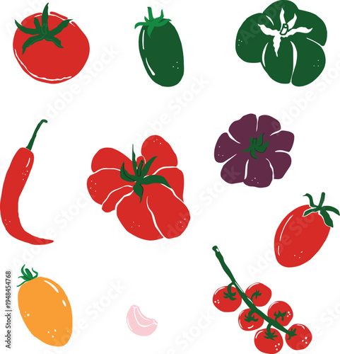 Assorted Tomato and Pepper Illustrations. Fresh, organic produce artwork ideal for food packaging, recipes, menus, market posters, and kitchen design.