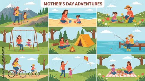 Mother and daughter experience diverse recreational adventures during a holiday celebrating mothers in nine scenes.