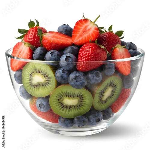Fresh Colorful Fruit Bowl with Strawberries Blueberries and Kiwi Isolated on White Background
