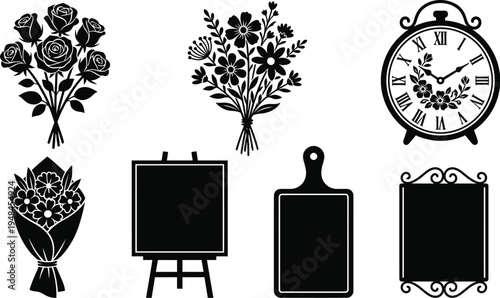 Assortment of black silhouette graphics includes three distinct bouquets of flowers, an easel blackboard, a cutting board.