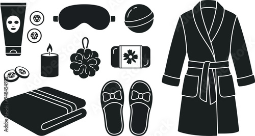 Various black silhouette icons represent spa and relaxation items including a robe, slippers, candle, and bath accessories.