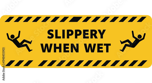 Cautionary sign warns people of slippery surface with falling figures on yellow background