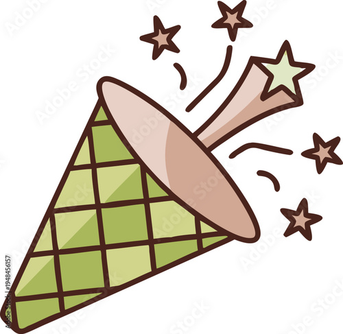 A shiny party horn blows celebratory stars in festive scene