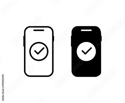 Verified mobile phone with checkmark icon vector illustration. Secure access, identity confirmation, account security, digital authentication, mobile app UI, user trust indicators. No touch payment