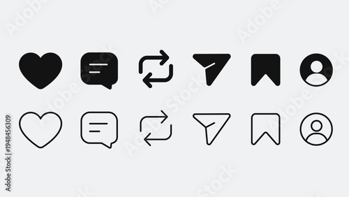 Social media interface icon set including like, comment, share, user profile, repost, and bookmarks symbols. Clean vector UI elements for mobile applications, digital platforms, and web design. SMM