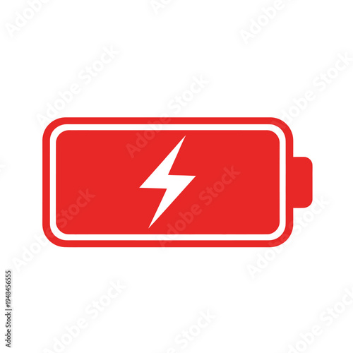 Red battery icon with white lightning bolt, symbolizing active charging, power status, or low energy warning. Crucial graphic for digital device interfaces and system alerts