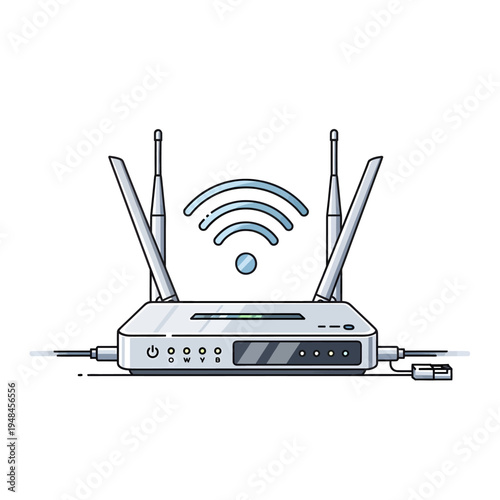 Digital wireless network router with antennas and signal waves, representing modern connectivity and internet access