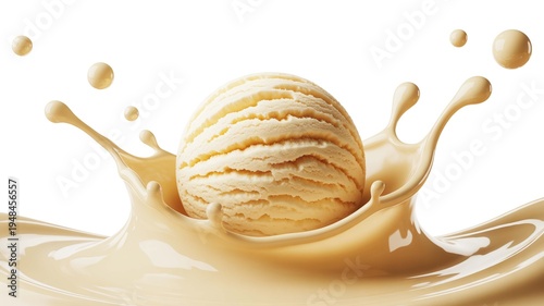 Vanilla Ice Cream Scoop with Creamy Splash and Drops Isolated on White Background