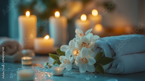 Relaxing Setting With Towels, Flowers, and Candles in a Dimly Lit Room During...