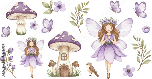 Whimsical illustration of fairies and magical houses in a floral fantasy world with lanterns and plants growing around them