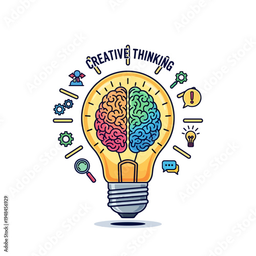 Creative thinking brain lightbulb illustration symbolizing innovation and ideas