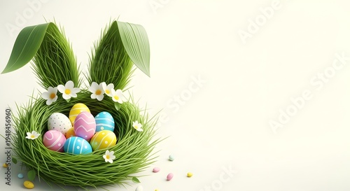 Easter bunny nest with colorful eggs and floral decorations