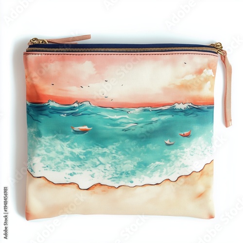 Ocean View Pouch on a Beach With Waves and Boats Under a Pastel Sky