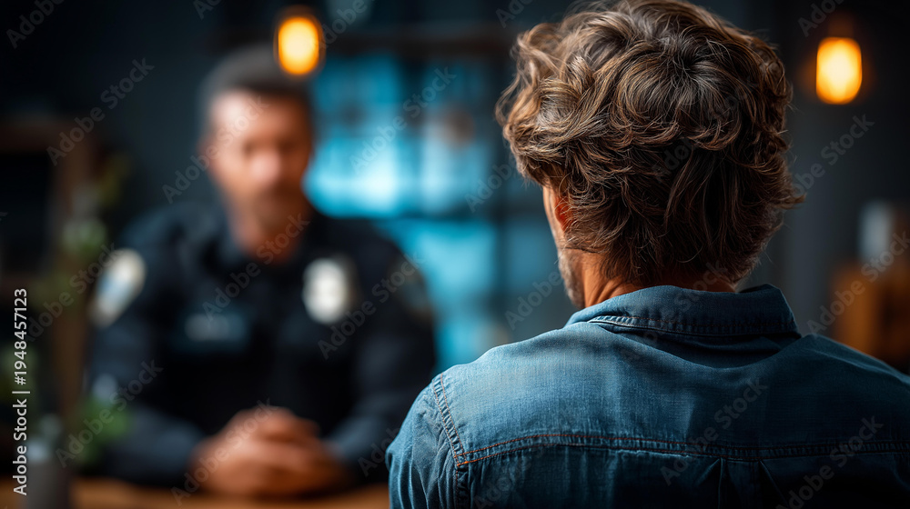 Naklejka premium Wide atmospheric dark interrogation room scene of a faceless suspect from behind seated with back turned to a police officer standing behind them the officer's posture suggesting