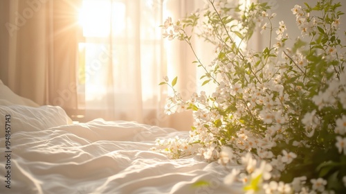 Morning Light Shines on Bed With Flowers Near Window in Bright Room