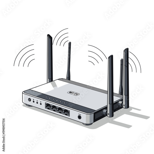 Modern wireless Wi-Fi router with multiple antennas broadcasting internet signals for seamless home and office network connectivity and digital communication