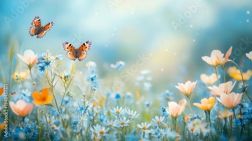 Butterflies Flying Among Flowers in a Bright Field on a Sunny Day