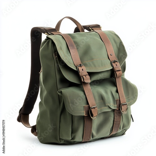 Green Canvas Backpack With Leather Straps Ready for Outdoor Adventures in the...