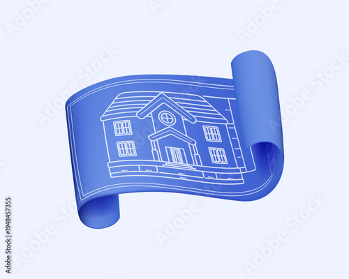 Blueprint 3D vector icon, architectural symbol. Building construct plan. Home design drawing fro real estate, architect reconstruction project. Abstract technology illustration. Modern building