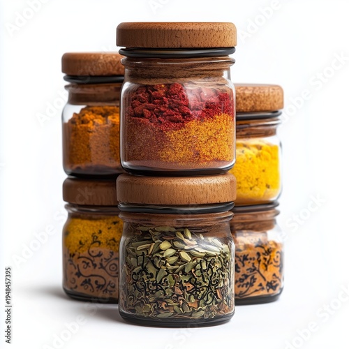 Spices Arranged in Glass Jars With Wooden Lids on a White Background