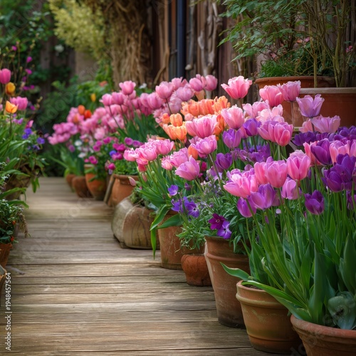 Beautiful Flower Pots Filled With Tulips and Other Plants on a Wooden Pathway...