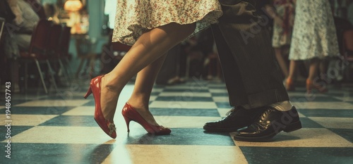 Close up of a couple dancing on a checkered floor, showcasing their elegant footwear and synchronized steps.