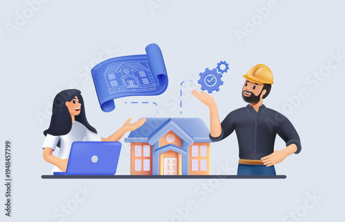 Professional engineers and architects working on a building under construction project. Vector illustration represents urban development, construction planning, architectural design, and teamwork