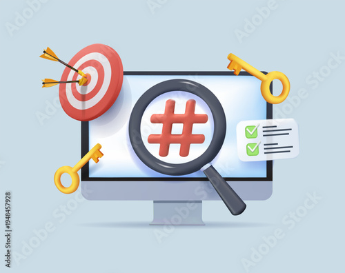 Magnifying glass searching for website keywords, vector 3D illustration. Ideal for SEO marketing, online content discovery, and advertising campaign concepts. Ads manager, digital marketing, marketing
