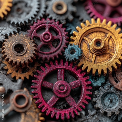 Cogs and Gears Arranged in Different Colors on a Textured Surface