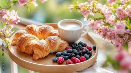 Bright Morning Breakfast With Croissant, Berries, and Coffee on Balcony Surro...