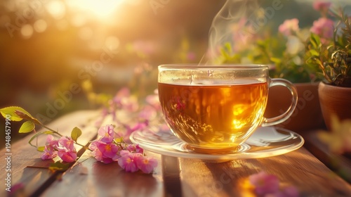 Cup of Hot Tea on the Table With Flowers During Sunset in a Garden