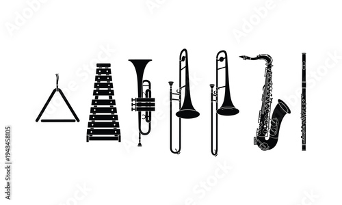 Black and white illustration of various musical percussion and wind instruments