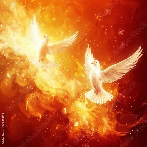 Doves Fly Into the Sky Above a Bright Orange Background During a Warm Afternoon