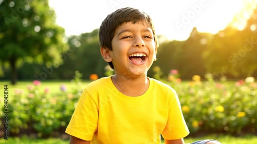 Joyful Boy Laughing in Sunny Park - A Moment of Pure Happiness.