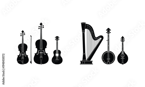 Classic musical instruments illustrated in black and white silhouettes