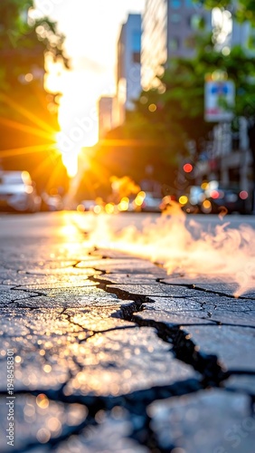 City street at sunset with a crack in the pavement
