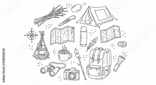 Hand drawn vector illustration of various camping and outdoor adventure gear items arranged in a circle, perfect for wilderness travel and exploration