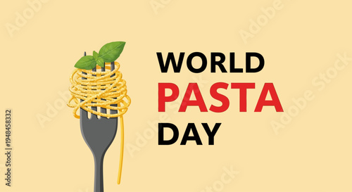 Celebrate World Pasta Day with a delectable illustration of spaghetti twirled on a fork, adorned with a fresh basil leaf, perfect for culinary events and global food festivities