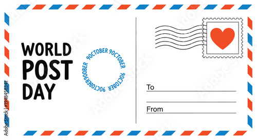 Vibrant vector postcard illustration commemorating World Post Day on October 9th, symbolizing global communication and the enduring tradition of postal services