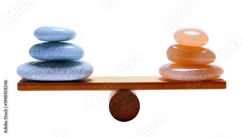Foto Two stacks of smooth, polished blue and orange stones perfectly balanced on a wo