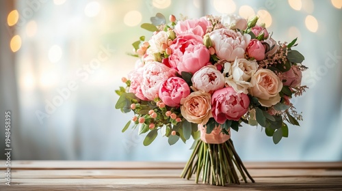 Colorful Bouquet of Peonies and Roses in a Bright Room With Soft Lights in th...