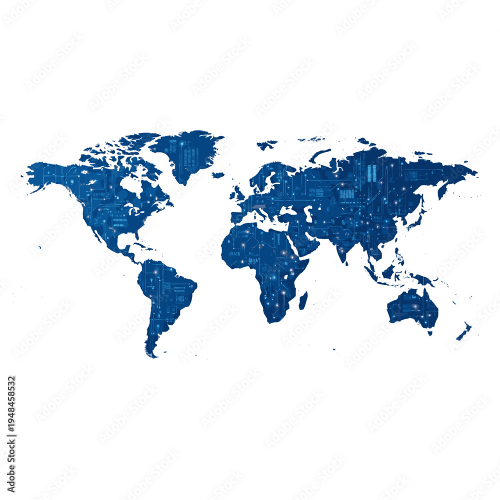 Obraz premium Global Technology Network Map Illustration - World Circuitry Design for Digital Connectivity and Data Visualization